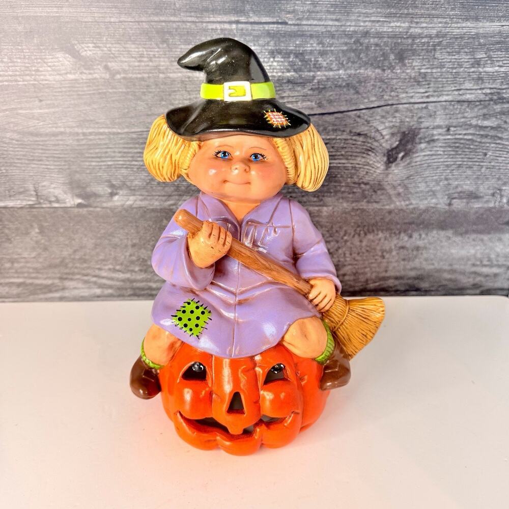 Vintage Ceramic Cabbage Patch Kids Halloween Witch Sitting on Pumpkin Figurine